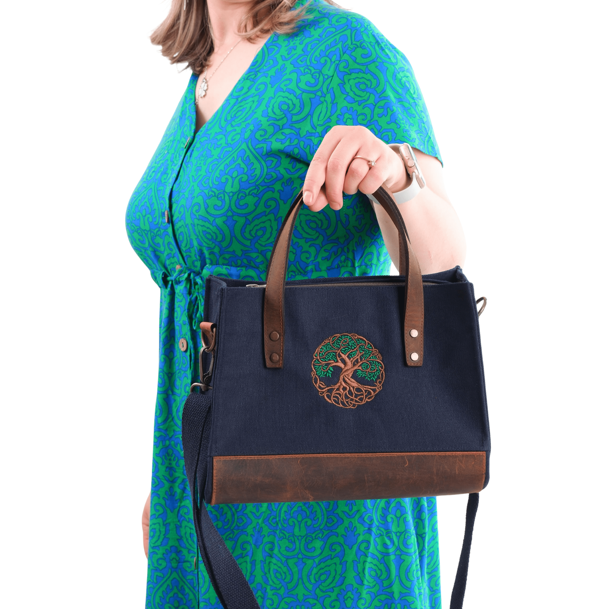 Tree of Life – Dark navy canvas bag with front leather pocket