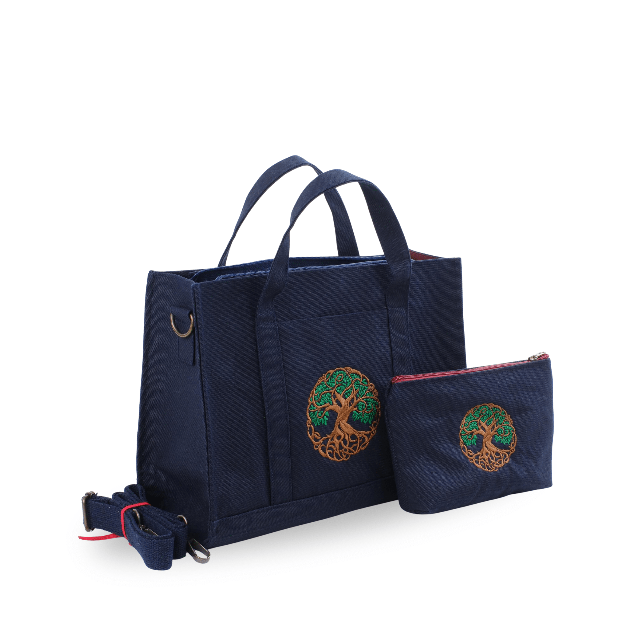 Tree of Life embroidered navy blue canvas tote bag and wallet
