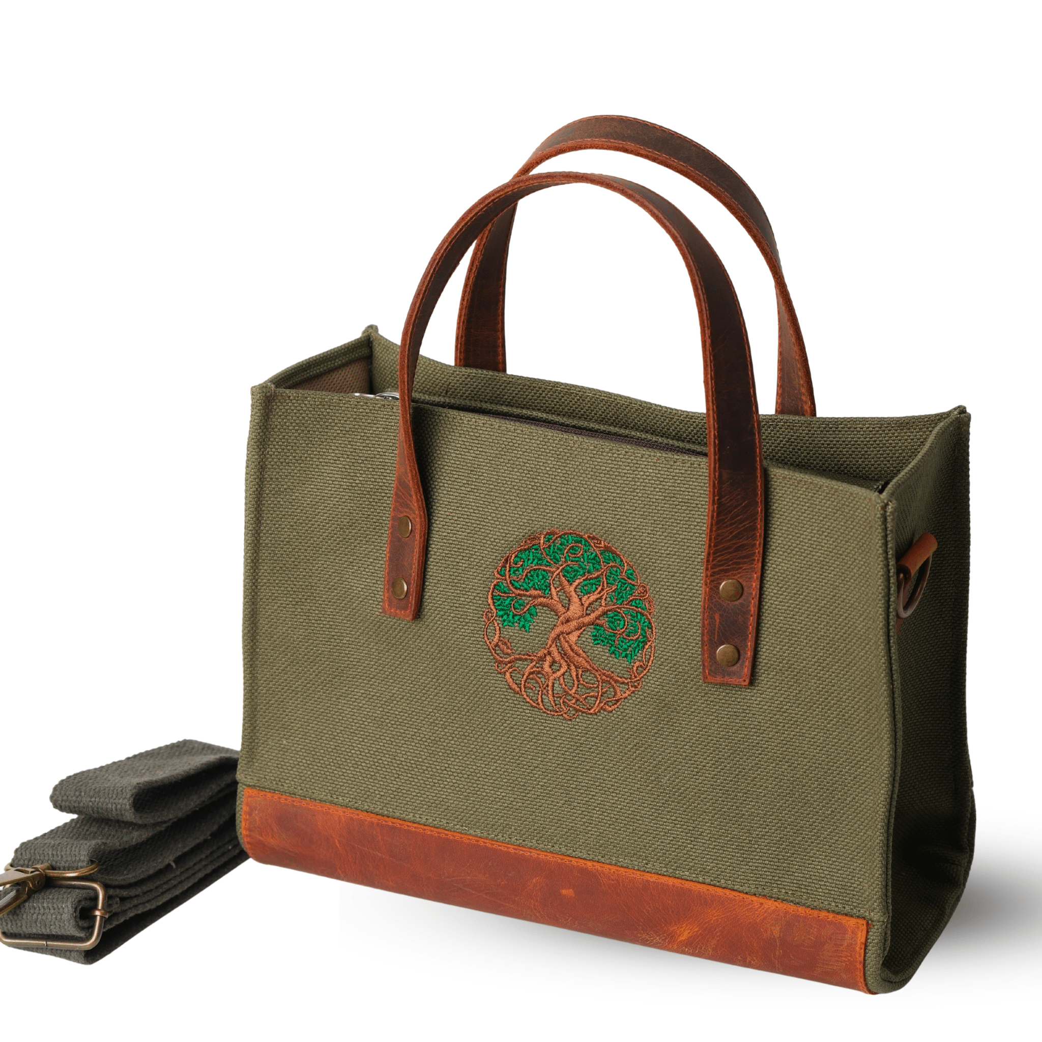 Tree of Life – Khaki canvas bag with round leather patch