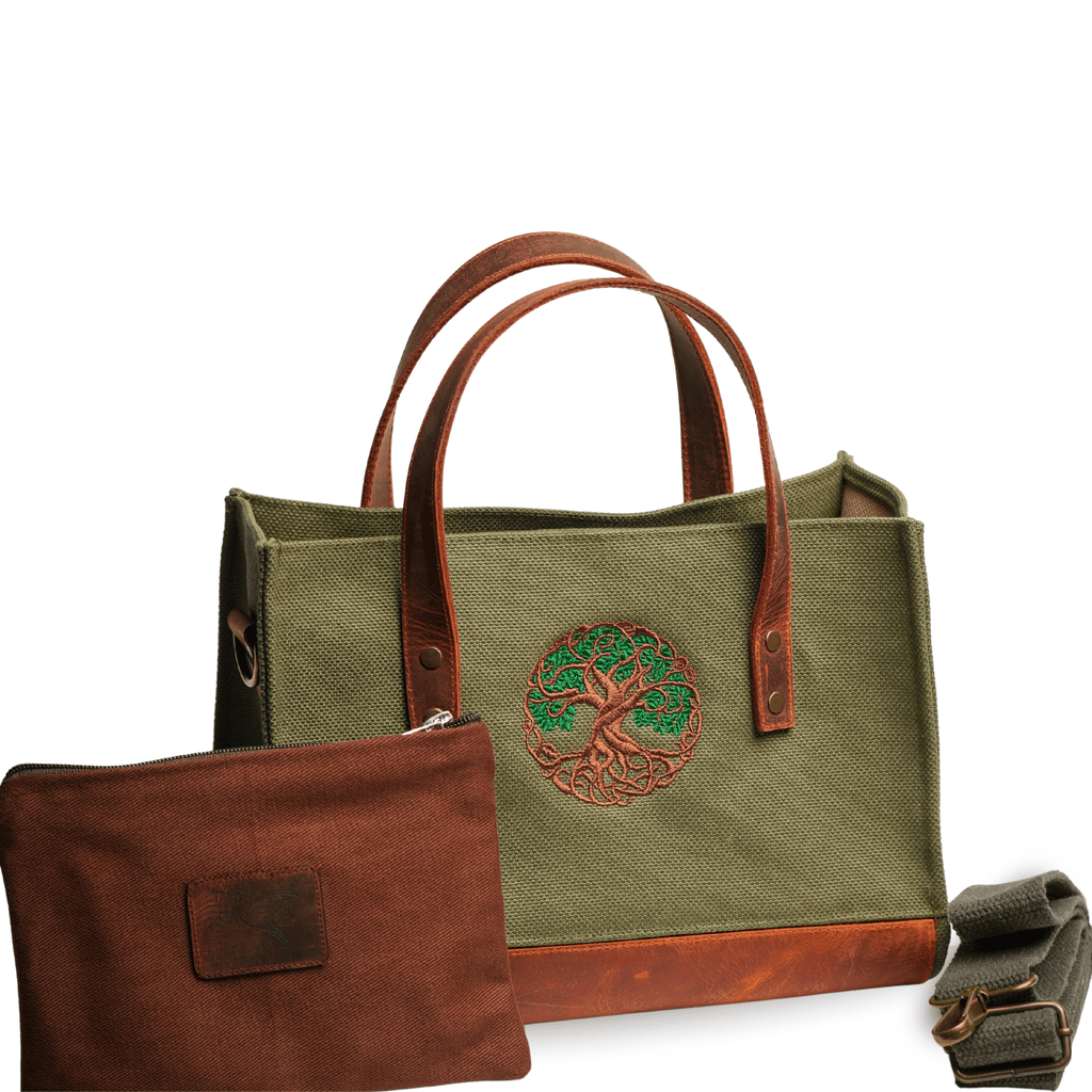 Tree of Life – Khaki canvas bag with brown leather base