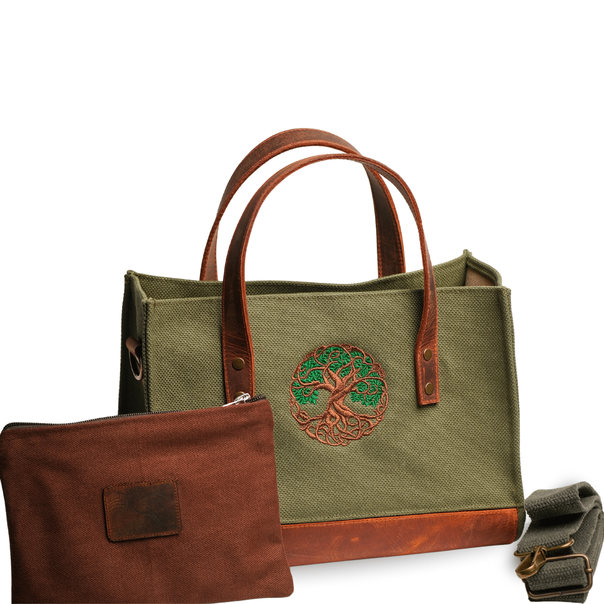 Tree of Life – Khaki canvas bag with brown leather base