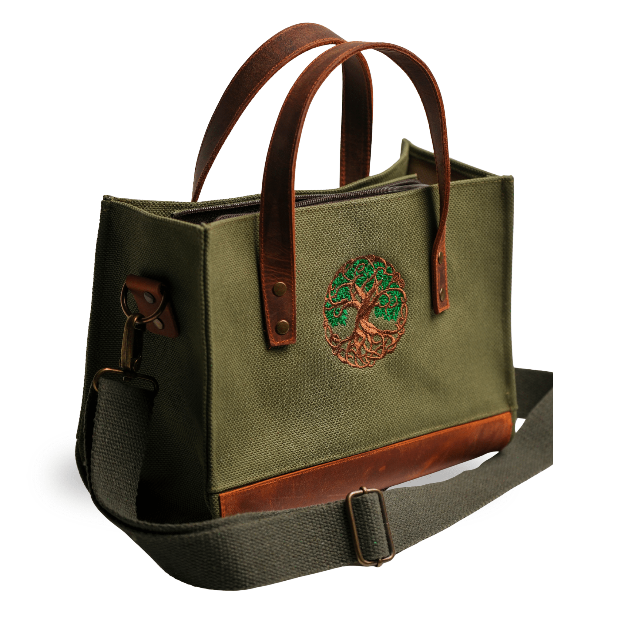 Tree of Life – Khaki canvas bag with leather details