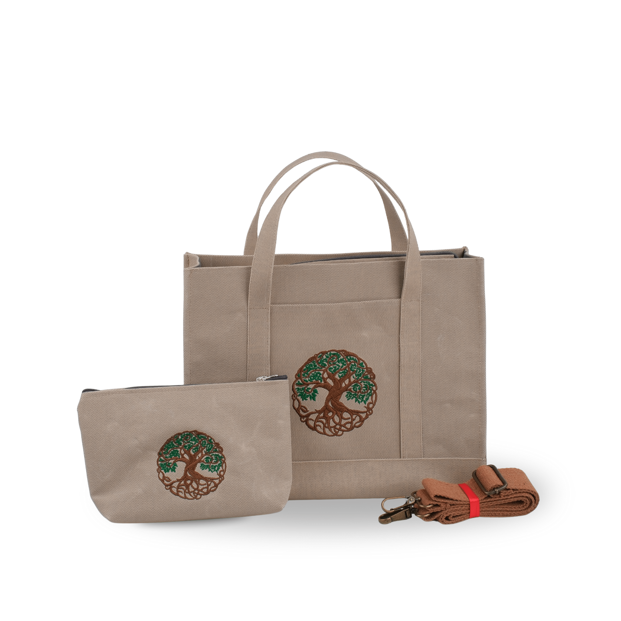Tree of Life embroidered beige canvas bag and wallet set