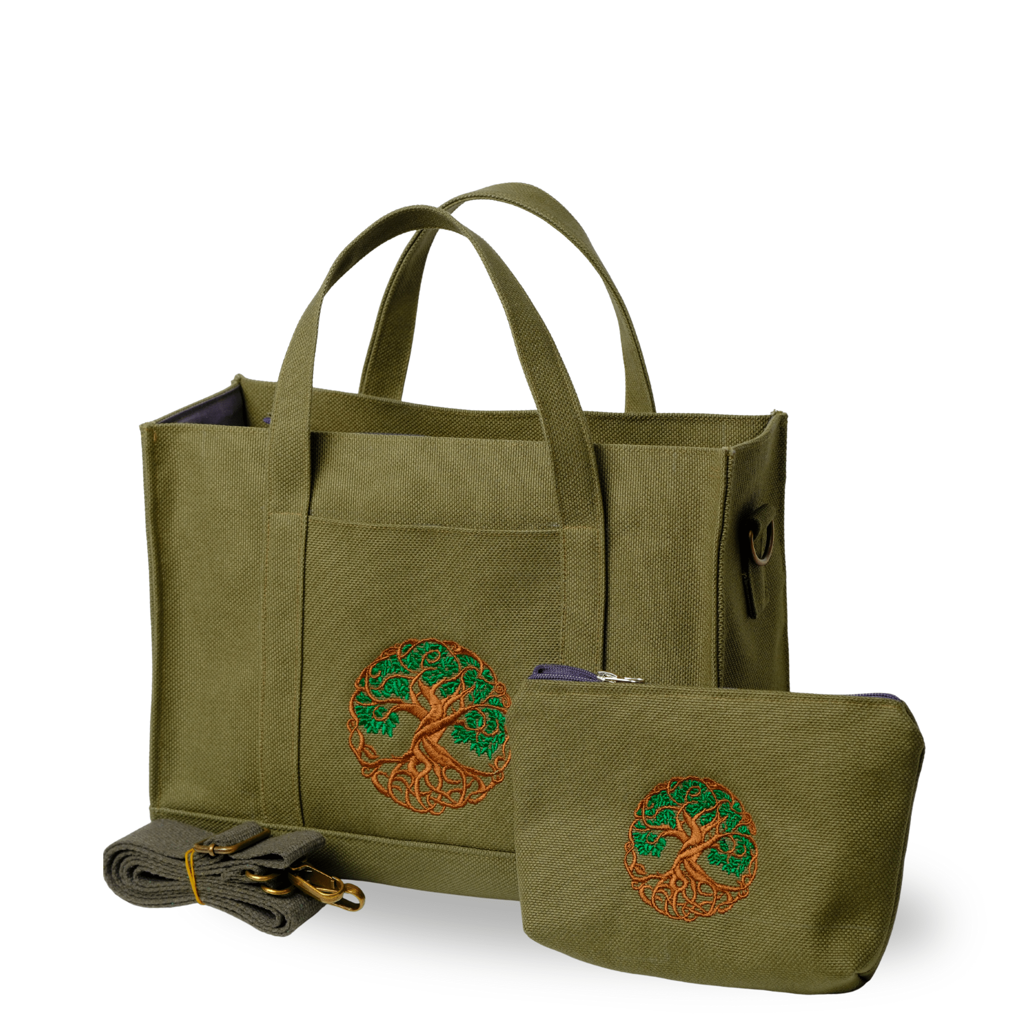 Tree of Life embroidered khaki canvas shoulder bag and wallet
