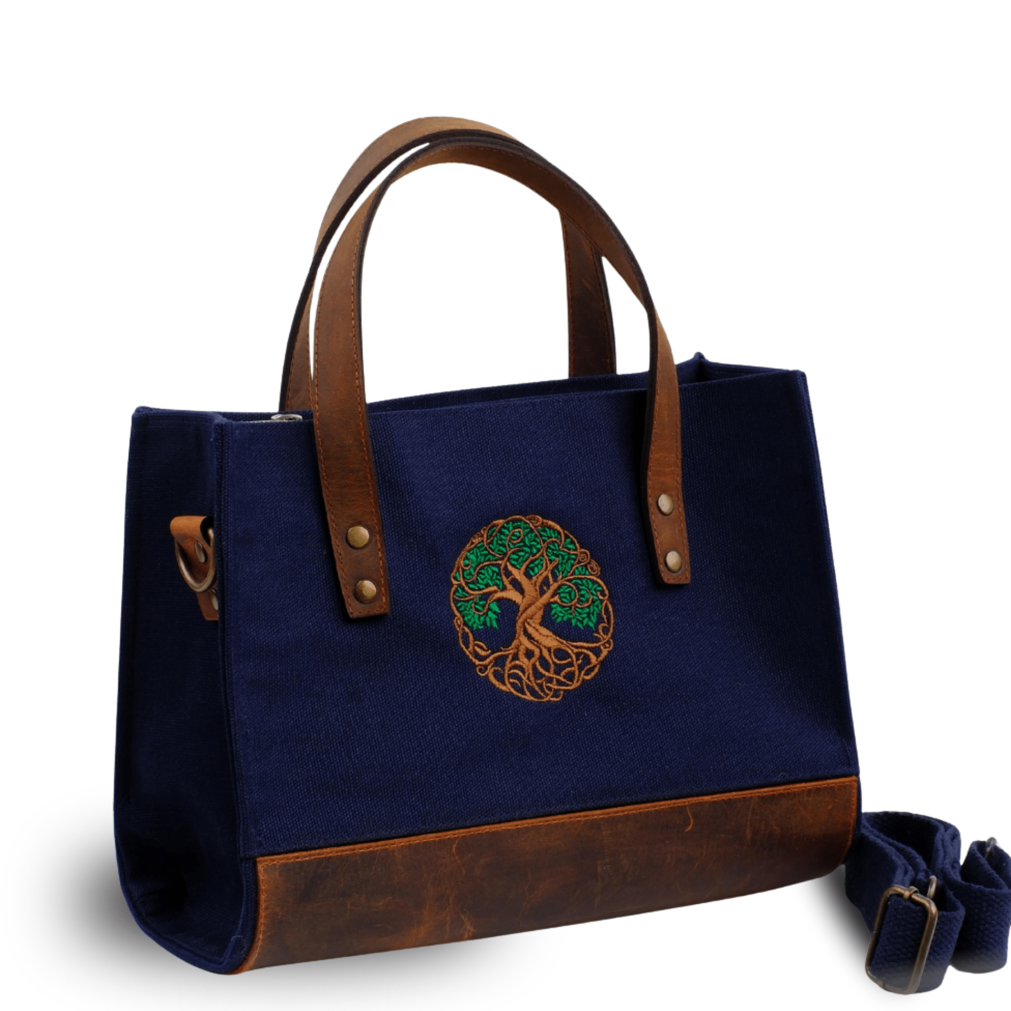 Tree of Life – Dark navy canvas bag with leather straps