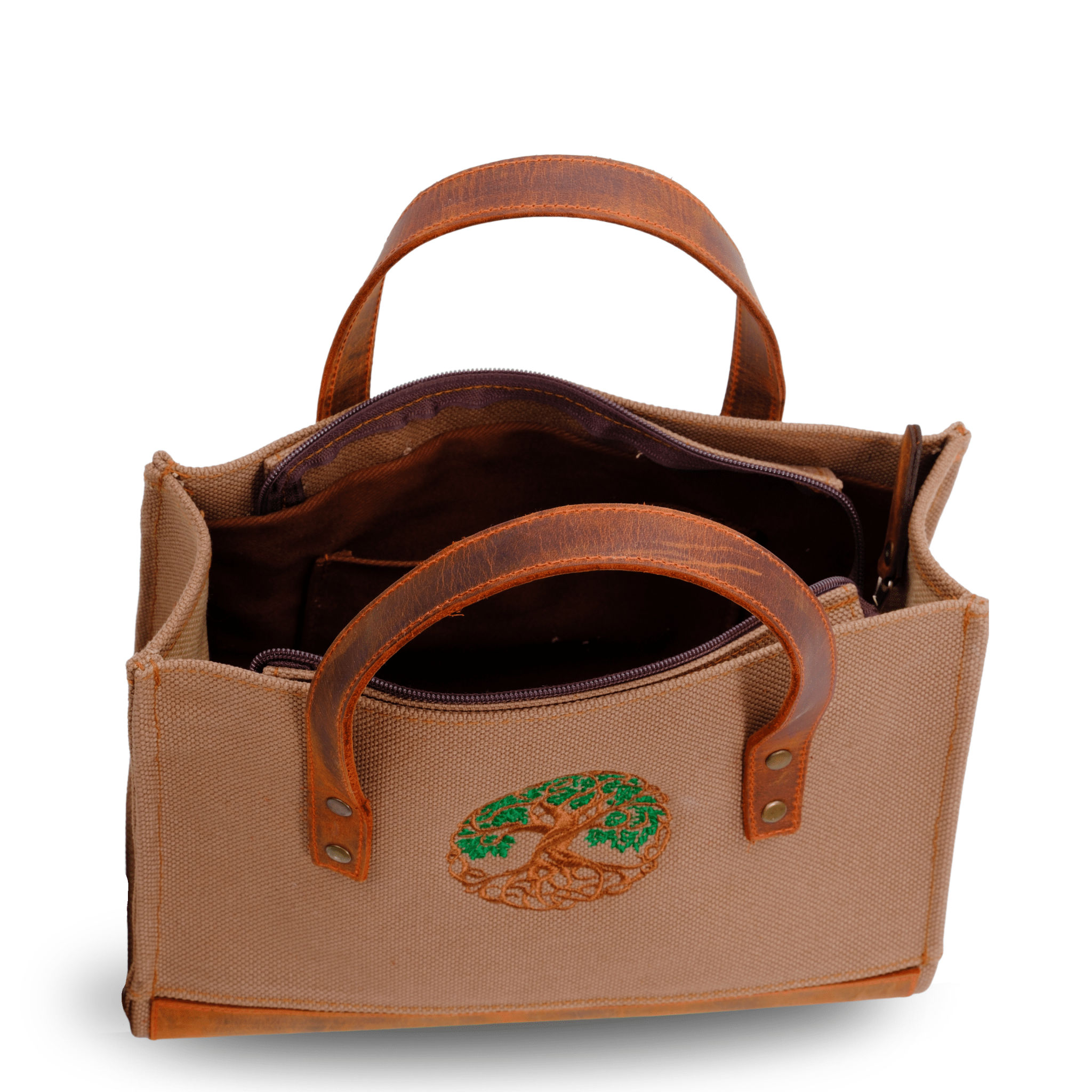 Tree of Life Embroidered Bag | Genuine Leather & Canvas | Zippered Shoulder Bag - canvasbag