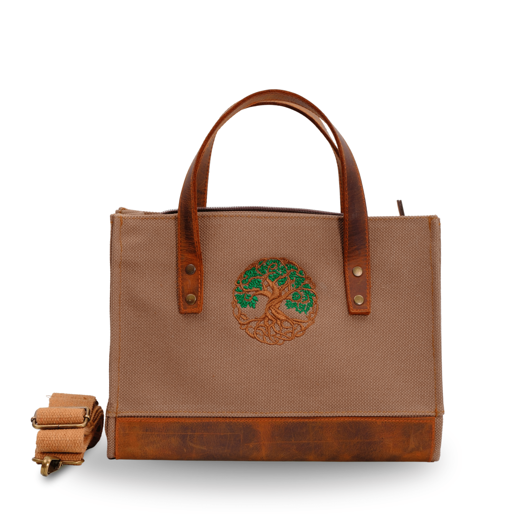 Tree of Life Embroidered Bag | Genuine Leather & Canvas | Zippered Shoulder Bag - canvasbag