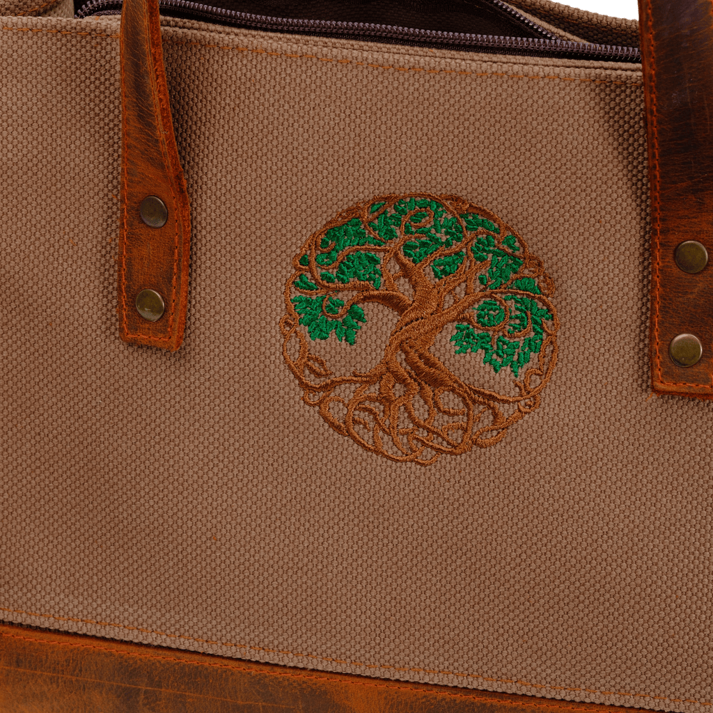 Tree of Life Embroidered Bag | Genuine Leather & Canvas | Zippered Shoulder Bag - canvasbag