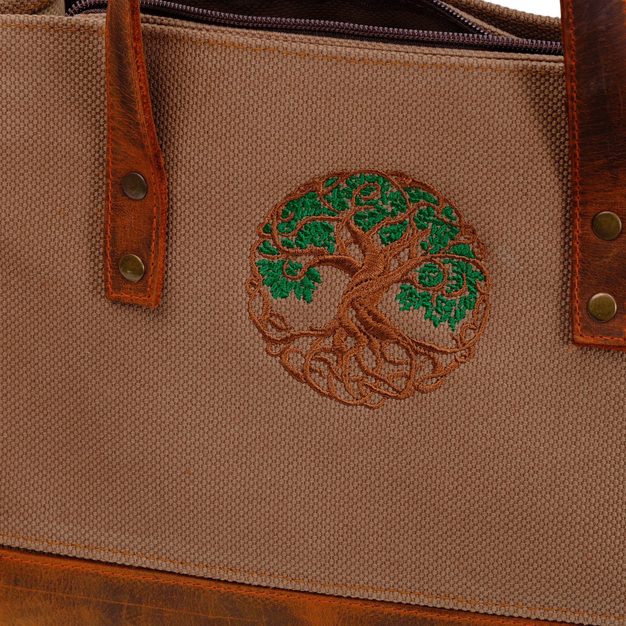 Tree of Life Embroidered Bag | Genuine Leather & Canvas | Zippered Shoulder Bag - canvasbag