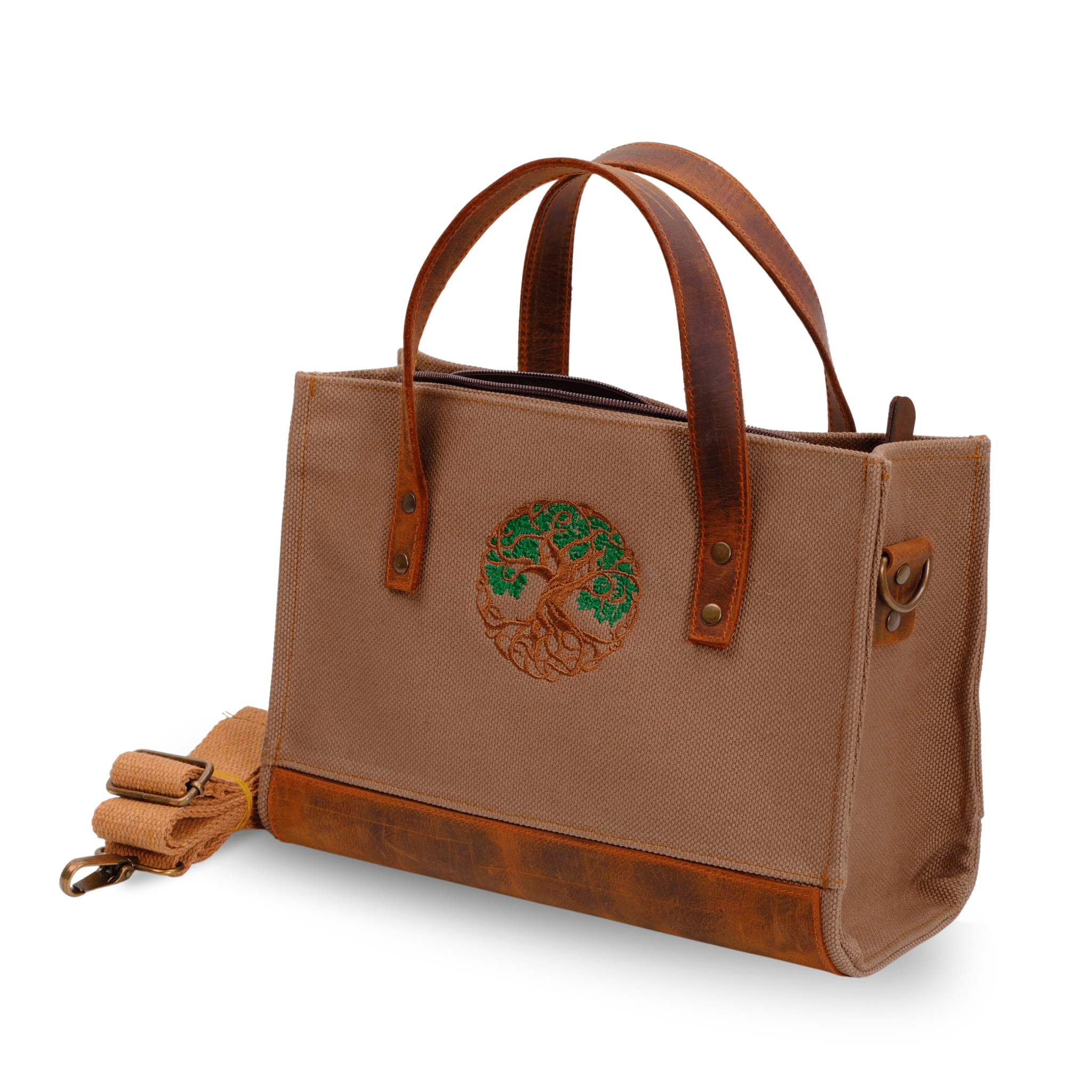 Tree of Life Embroidered Bag | Genuine Leather & Canvas | Zippered Shoulder Bag - canvasbag