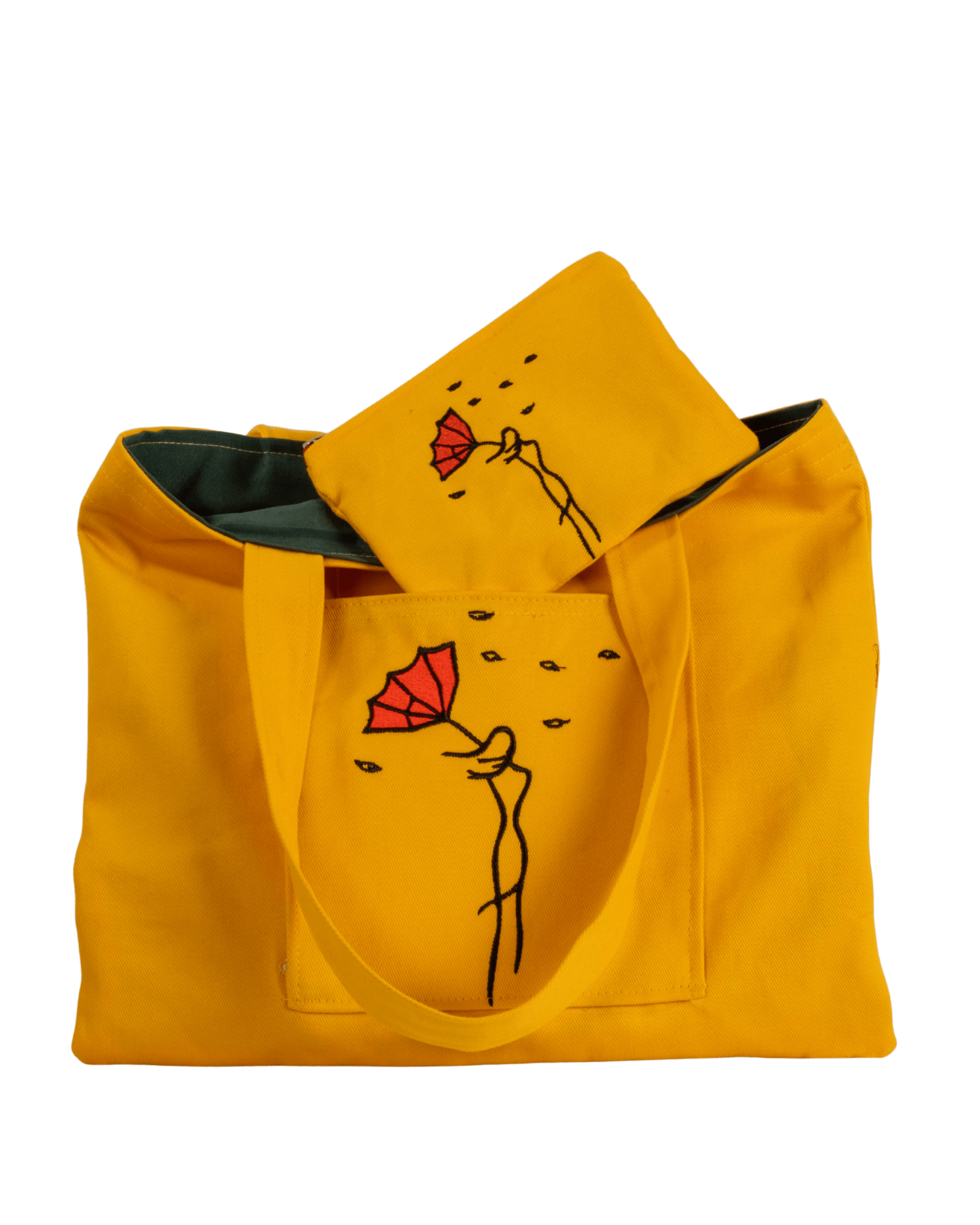 Umbrella Lady embroidered yellow canvas tote bag and wallet
