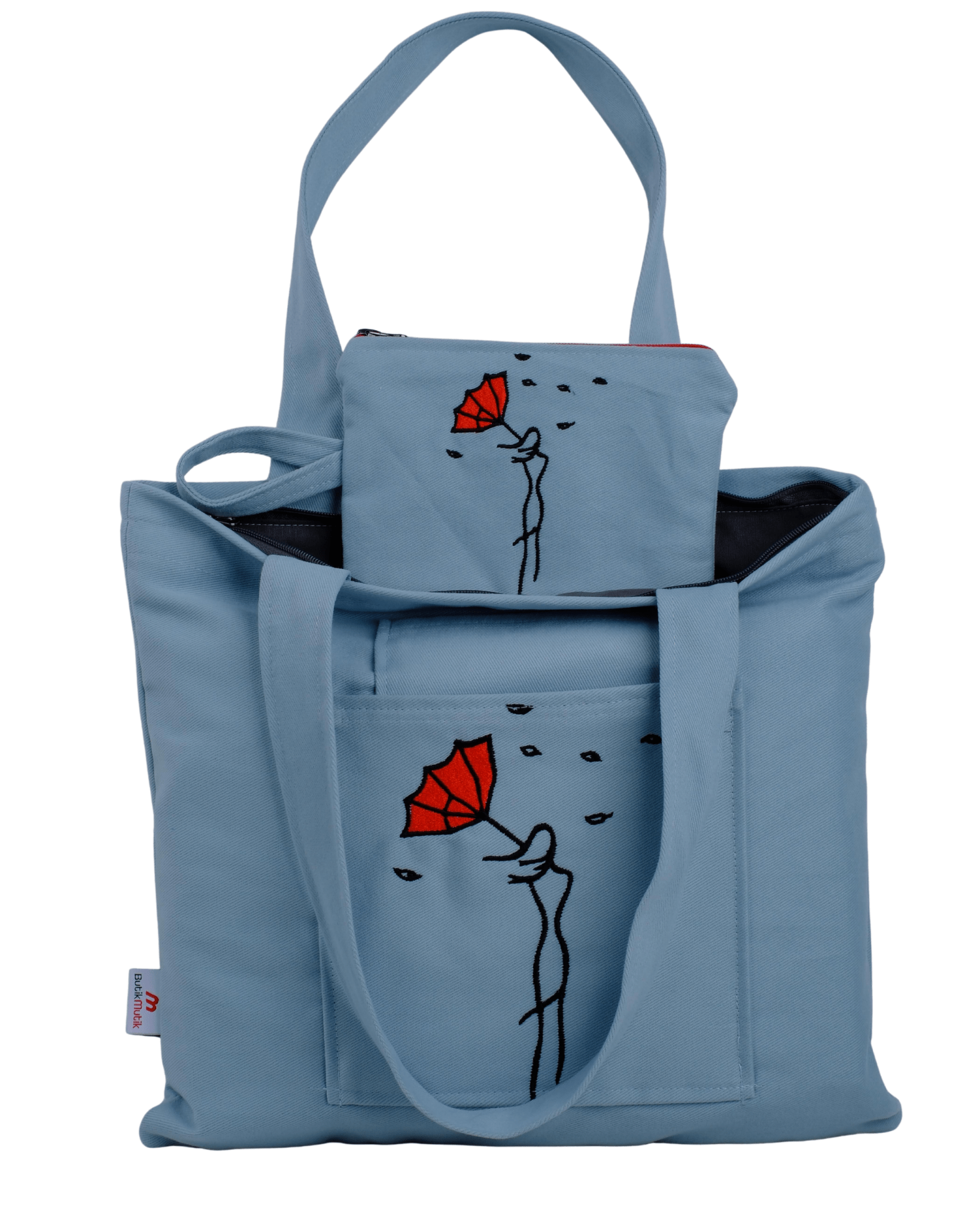 Umbrella Lady embroidered light blue canvas tote bag and wallet