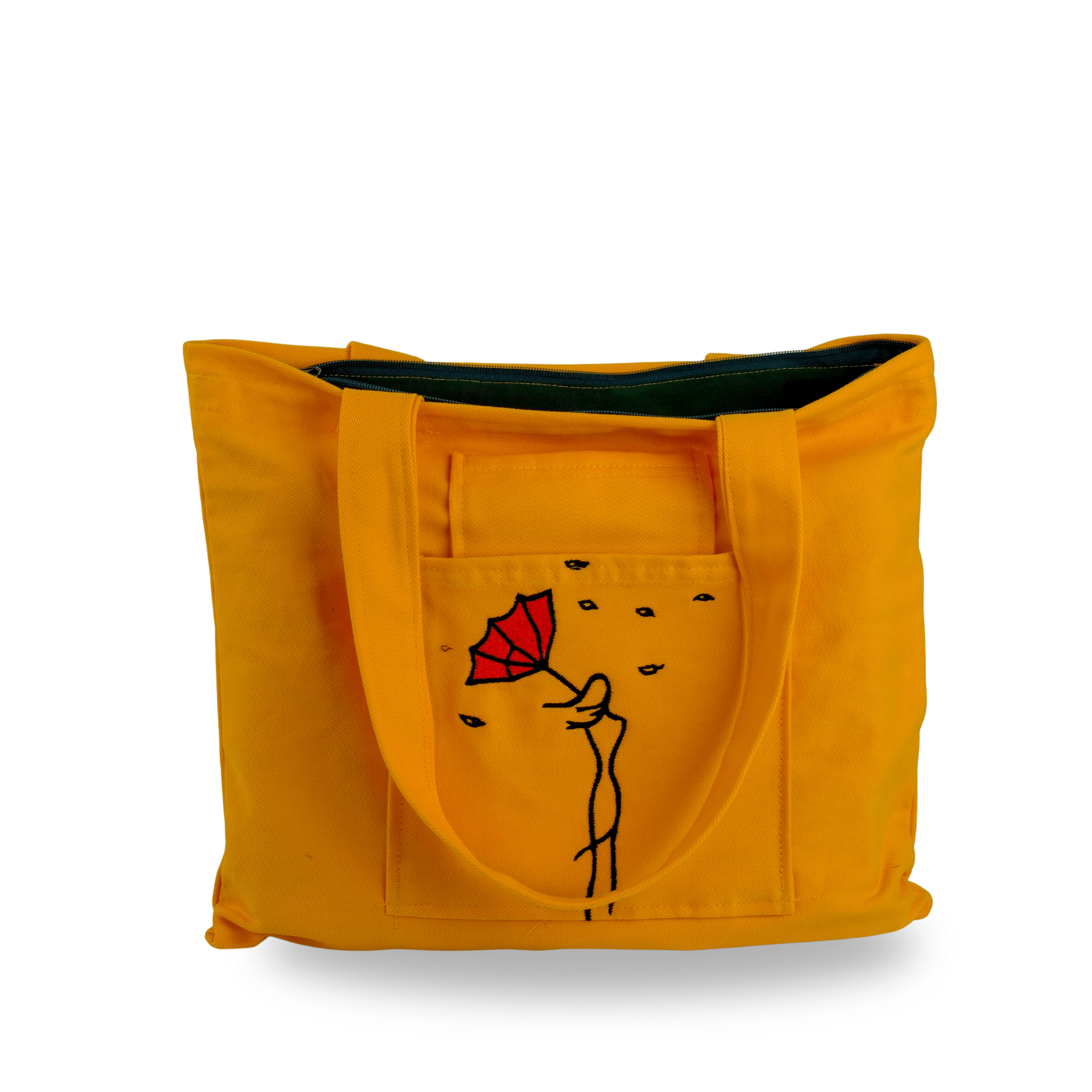 Umbrella Lady embroidered yellow canvas tote bag and wallet