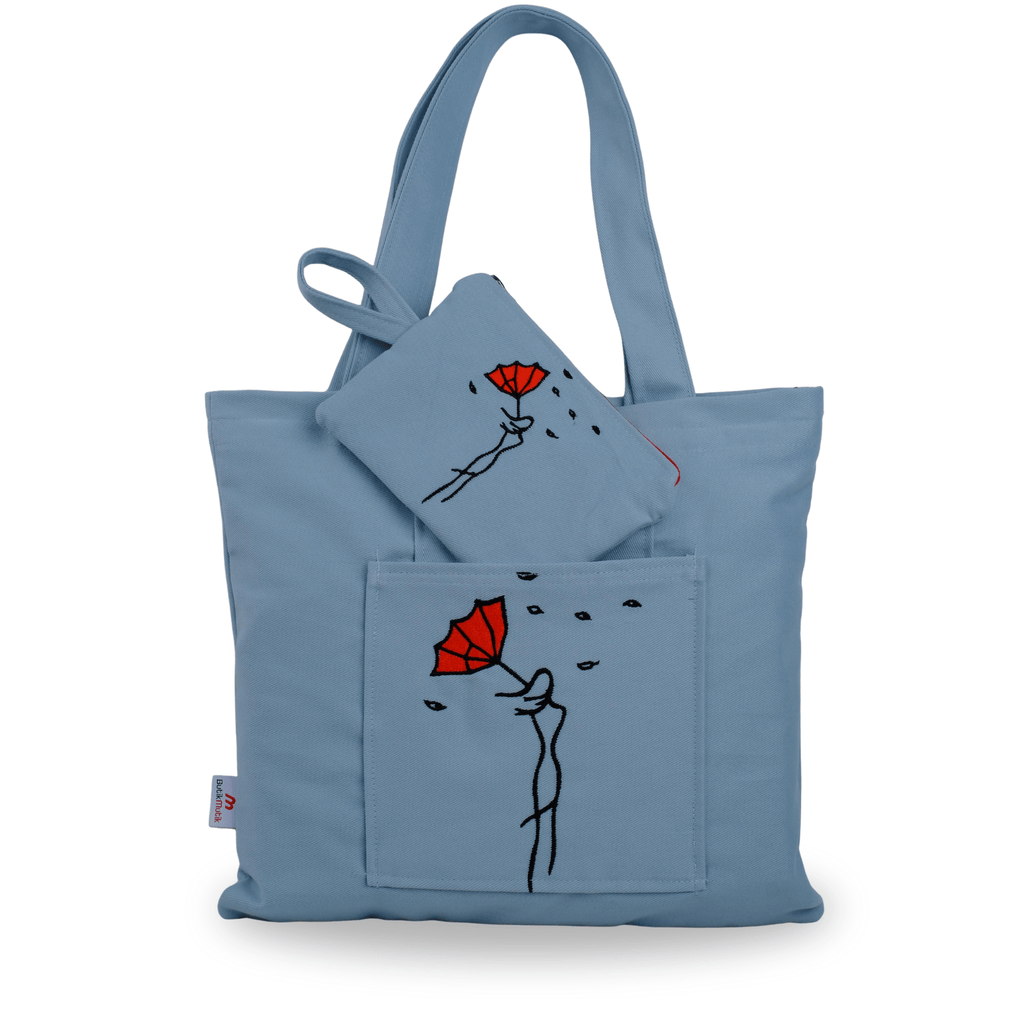Umbrella Lady embroidered canvas tote bag and wallet